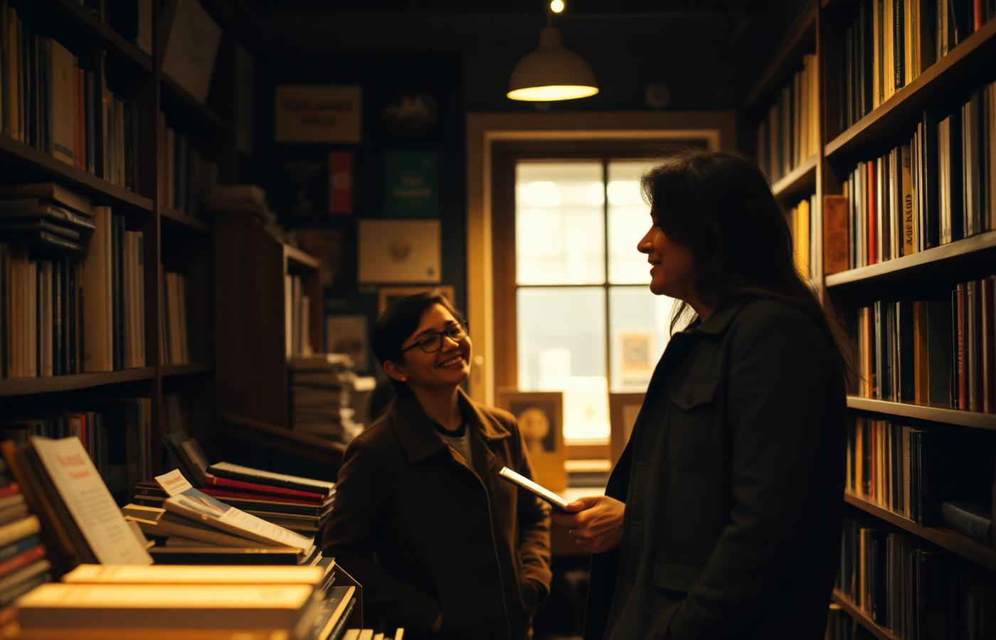 Homem e mulher conversando em livraria