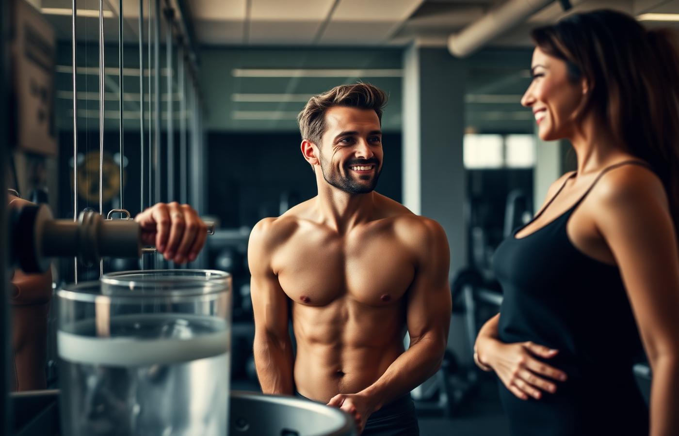 Homem e mulher iniciando conversa na academia