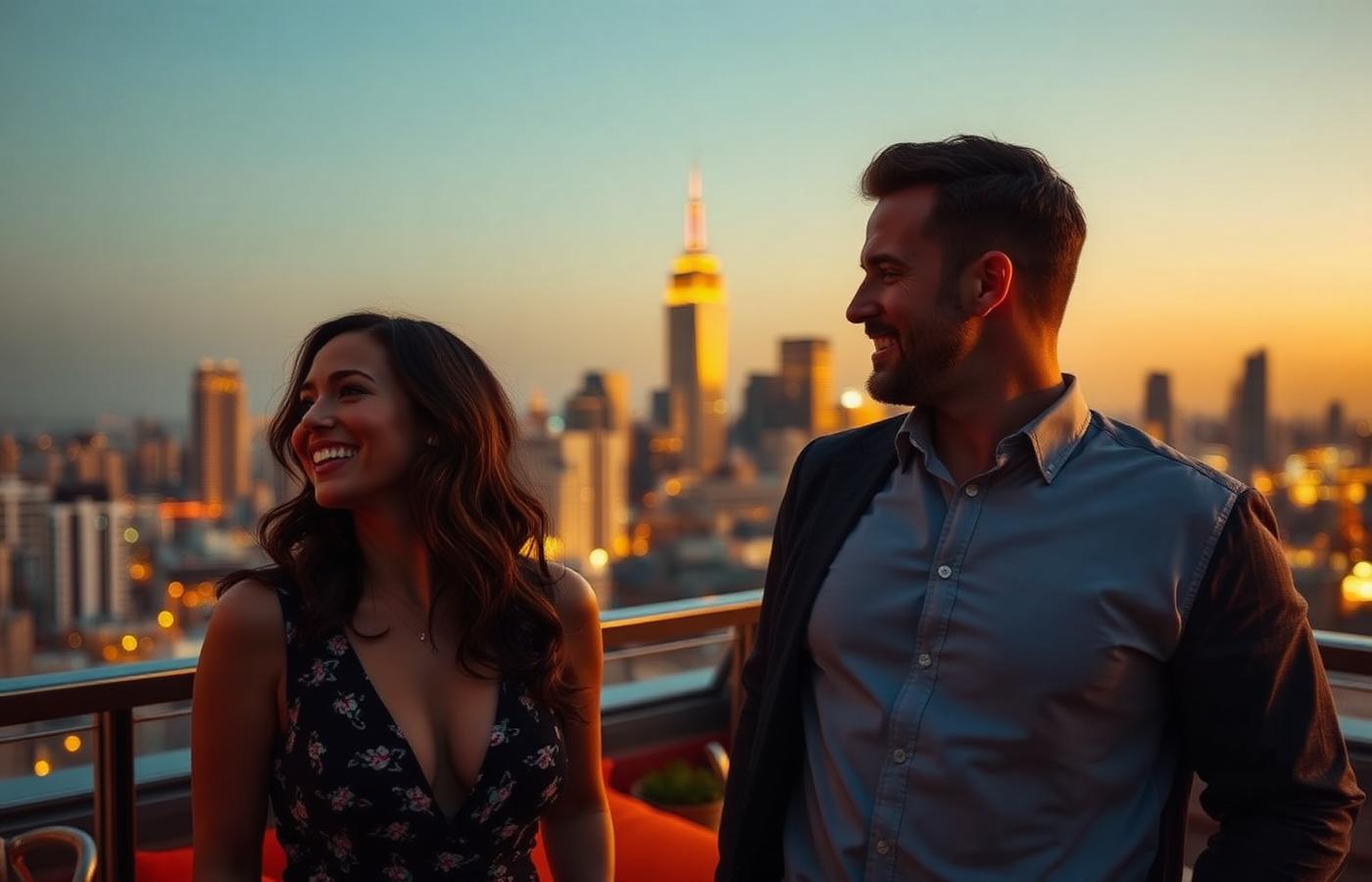 Casal conversando em cobertura ao pôr do sol